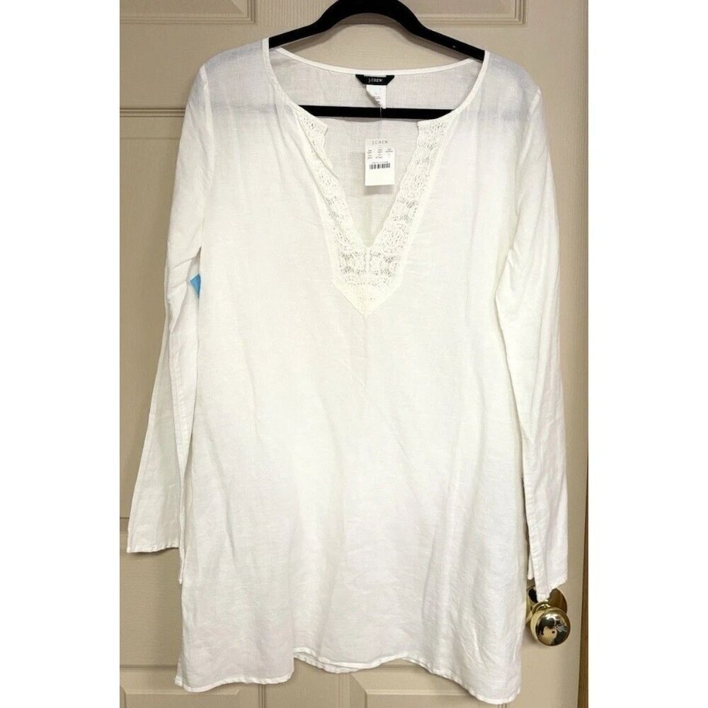 NWT J Crew White Cotton Linen Long Sleeve Mini Dress Swim Coverup Large